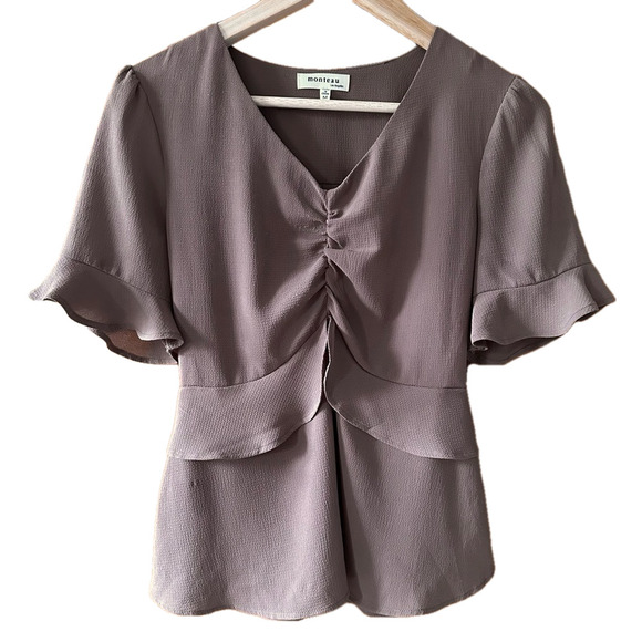 Monteau Los Angeles Taupe Peplum Blouse Ruffle Short Sleeve - Medium - Picture 1 of 6